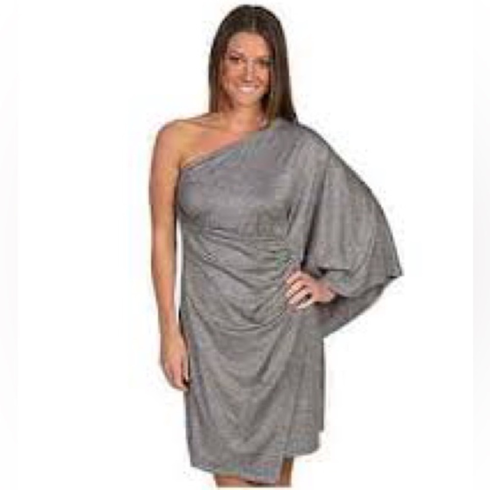 Trina Turk Rapture silver 1 shoulder side ruched drape sleeve cocktail dress, 10